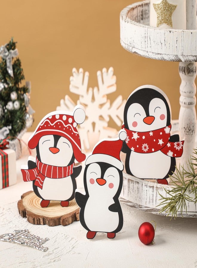 NEWLIGHTURE Christmas Penguin Decor Set of 3 Wooden Penguins Winter Tiered Tray Decor Cute Penguin Blocks Xmas Table Decoration for Tiered Trays, Shelf, Door, Office Holiday Party - Image 3